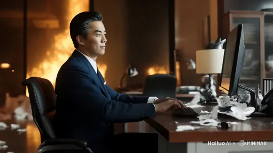 镜头从一张办公桌前缓缓上升，拍摄到办公桌上电脑后方的人，人身后的办公室内内正在燃烧着熊熊大火，一些废纸在屋内飘动。随着镜头移动，摄像机聚焦于电脑前的人，可以看见人后方虚化的房屋中的火焰，坐在电脑前的人面部被电脑的屏幕光照亮，表情自然，面带微笑地敲击键盘，和后方的混乱形成对比。 by Hailuo AI Video Generator