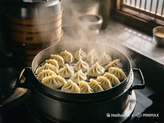 中景 蒸笼上锅，白色的蒸汽瞬间升腾而起，弥漫整个厨房，在阳光的映照下，如梦似幻。 by Hailuo AI Video Generator