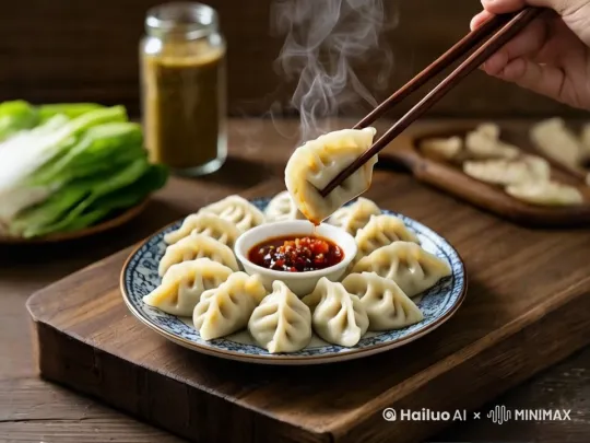 近景 热气腾腾的蒸饺被端上桌，晶莹剔透的饺子皮隐约透出里面的馅料，饺子裹满特制酱料，酱汁正滴落 by Hailuo AI Video Generator
