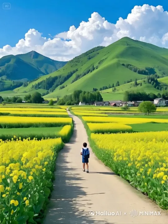 云在慢慢自动，油菜花随风慢慢摆动，小男孩向前走。画面清晰8k，无扭曲变形，整体效果流畅。 by Hailuo AI Video Generator