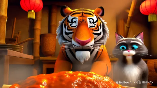 老挝老虎和猫吃一碗麻婆豆腐 by Hailuo AI Video Generator
