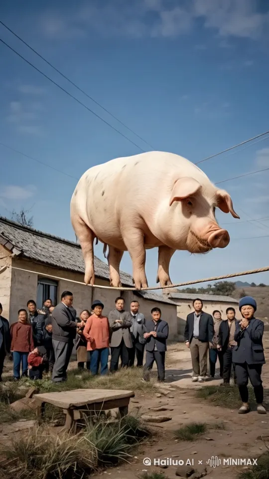 镜头移动，动态跟随，猪在绳子上花式跳舞，转圈，抬腿，仰头，前腿与后腿衔接顺畅，上蹿下跳。 by Hailuo AI Video Generator