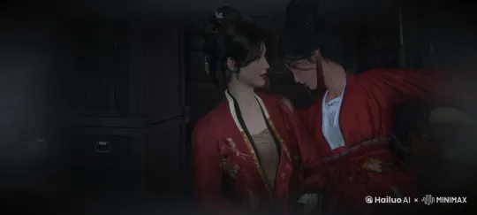 暗色古风室内,木质家具,微弱暖光,阴影笼罩,左边角色(女生)穿红色长袍,内搭白色绣花内衣,头戴黑色发髻,装饰有金色和红色发饰,长发,右边角色(男生)穿红色长袍,内搭白色长衫,头戴黑色发髻,长发,他们的原始面部特征保持不变,男生微微前倾,轻轻吻在女生额头上,动作缓慢而深情,保持手部和身体姿势不变,微弱灯光照亮面部,木质家具增添古朴气息,阴影中隐约光晕,神秘而浪漫的氛围,高清4K分辨率,生成一张静态图片或5秒自然动画,保留所有面部特征和表情 by Hailuo AI Video Generator