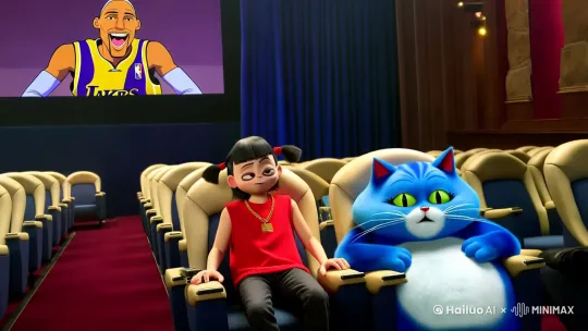 图片中的小孩和一只蓝色的胖猫人和科比布莱恩特在电影院看电影，科比布莱恩特哈哈大笑，复杂的细节，大师级作品。 by Hailuo AI Video Generator