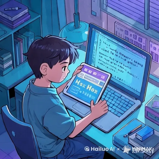 [推出,上升,下摇]小男孩站起来 帮我把电脑里的东西给我展示 by Hailuo AI Video Generator