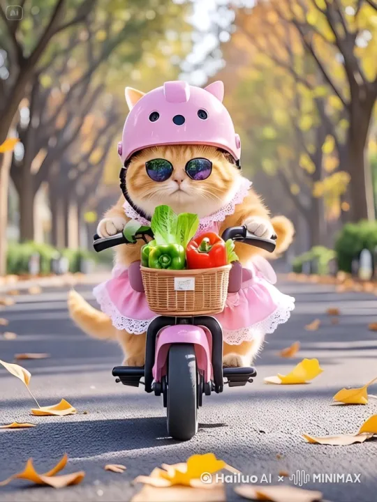 主体动态呈现，自然，小猫驾驶电动车向前行驶，电动车脚踏板行驶转动，镜头跟随，高速镜头 by Hailuo AI Video Generator