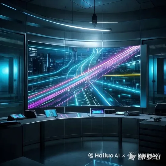 科幻风数字艺术作品，展现未来感十足的科技办公室内部景象。画面中央是一块巨大的曲面显示屏，正播放着城市交通实时监控画面，车辆轨迹被描绘成绚丽多彩的镭射光线，穿梭于繁忙的街道间，营造出一种动态的视觉冲击。办公室采用极简主义设计，墙面与地面铺设亚克力材质，反射出细腻而均匀的侧光与氛围光照，形成独特的光影效果。聚光灯从上方投射下来，照亮办公区域，而X光般的透明质感让整个空间显得更加神秘。办公桌上散落着各种高科技设备，如平板电脑、全息投影器等，散发着淡淡的荧光，与屏幕上的彩色光线形成互补色对比，增强科技感。背景音乐选用电子合成音效，与画面节奏相呼应，仿佛置身于一场未来世界的视觉盛宴。运镜从远处缓缓推进，最终聚焦于显示屏上繁忙的城市交通流，展现出一种机械美学与科技交融的独特魅力。整体采用虚幻引擎渲染，力求达到电影级光照效果，细节处理精致入微，呈现出极具未来感的视觉体验。 by Hailuo AI Video Generator