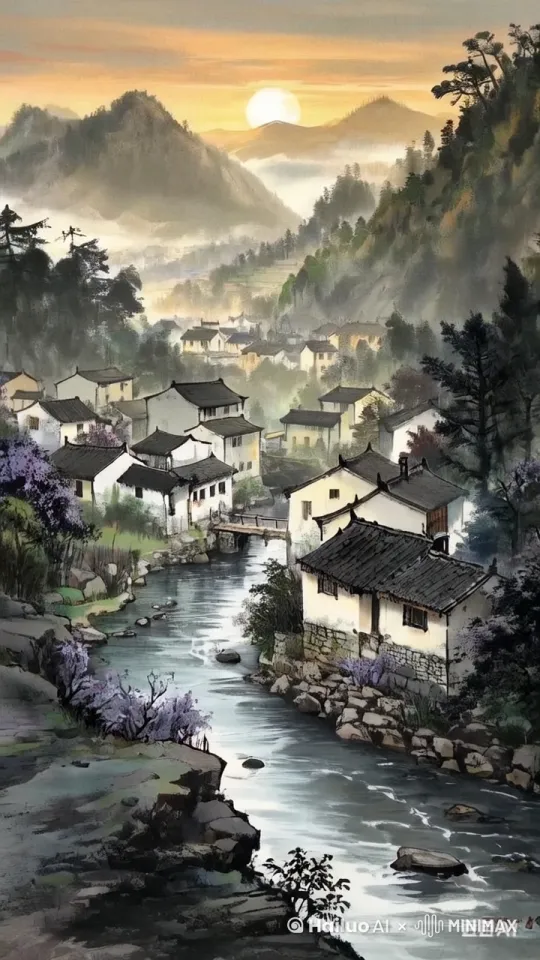 让水流动起来，房屋烟囱有炊烟袅袅，树木随风轻晃，岸边的花晃动，落入水中随水漂走。航拍，镜头移动缓慢，由近及远推进 by Hailuo AI Video Generator