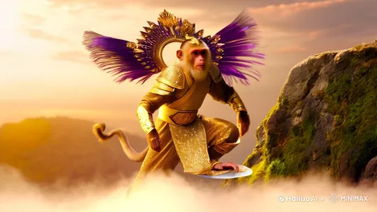 齐天大圣孙悟空，身形矫健，猿猴之相，却透着一股超凡脱俗的英气。他身披锁子黄金甲，在阳光下熠熠生辉，宛如战神临世；头戴凤翅紫金冠，冠上的翎羽随风轻摆，增添了几分灵动与不羁；足蹬藕丝步云履，步履轻盈，仿佛踏云而行，迅捷如风。 by Hailuo AI Video Generator