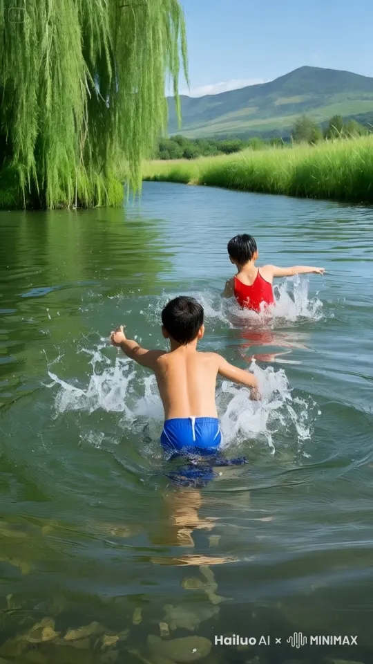 视频开始，是一幅全景画面，波光粼粼的河面在阳光照耀下闪烁着金色光芒，河岸两边绿草如茵，两个小男孩站在河边，摩拳擦掌，跃跃欲试，画面充满了紧张的赛前氛围。随着一声令下，比赛开始，镜头切换到近景，小男孩们像离弦之箭般跳入河中，手臂快速有力地划水，溅起朵朵水花，他们紧咬嘴唇，眼神坚定地盯着前方，表情专注。画面跟随他们的游动跟拍，全景画面里能看到他们你追我赶，在河水中奋勇向前，激起的水纹向四周扩散。临近终点，特写镜头捕捉到其中一个小男孩加速冲刺，腿部快速蹬水，溅起大片晶莹的水花，他率先触碰到终点的标志物，脸上绽放出胜利的笑容，而另一个小男孩也毫不气馁，奋力游向终点。整个画面充满了活力与动感，展现出小男孩们勇敢拼搏的精神。 by Hailuo AI Video Generator
