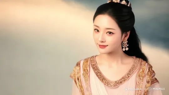 女人穿着古代漂亮服饰，飞到摄像机前，脸部特写，摄像机跟随女人拍摄，女人在云中快速的飞行，最后飞向远方，多云的天空云层密布，美丽的细节天空，云层里有紫色闪电，神话电影镜头画面，史诗般的电影特效。 by Hailuo AI Video Generator