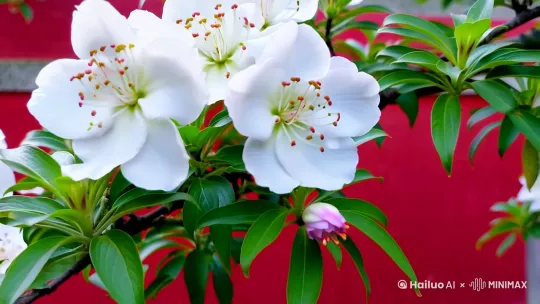 一枝开满白色花朵的花枝，花朵间夹杂着嫩绿的叶片，还有一朵花苞呈淡粉色 。花枝的背景是一面鲜艳的红墙，强烈的色彩对比，营造出一种古典而唯美的氛围。这样的场景常让人联想到中式园林或古建筑庭院，传递出宁静、雅致的韵味，高分辨率 ，电影级调色[推出,上升,下摇] by Hailuo AI Video Generator