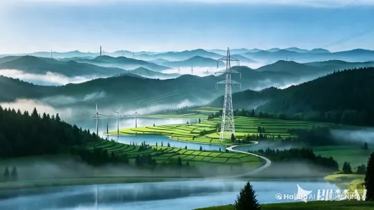 无人机真实摄影感觉，云彩微微飘动，风车缓慢转动，镜头缓慢移动，[左移,右摇,跟随] by Hailuo AI Video Generator