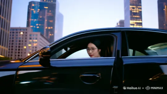 炫酷风格，电影质感，一个美女扎着利索的马尾，表情酷酷的，开一辆黑色炫酷的奥迪轿车，急刹车，帅帅的下车，然后面向镜头走来，镜头先近后远，美女上衣为天蓝色衬衣，裤子为白色阔腿裤，干练清爽。背景为摩天大楼，繁华城市的大道，华灯初上的景象，背景和轿车的时尚炫酷，与美女的干净清爽形成强烈对比，光线方面对比强烈，有朦胧色彩，电影质感。 by Hailuo AI Video Generator