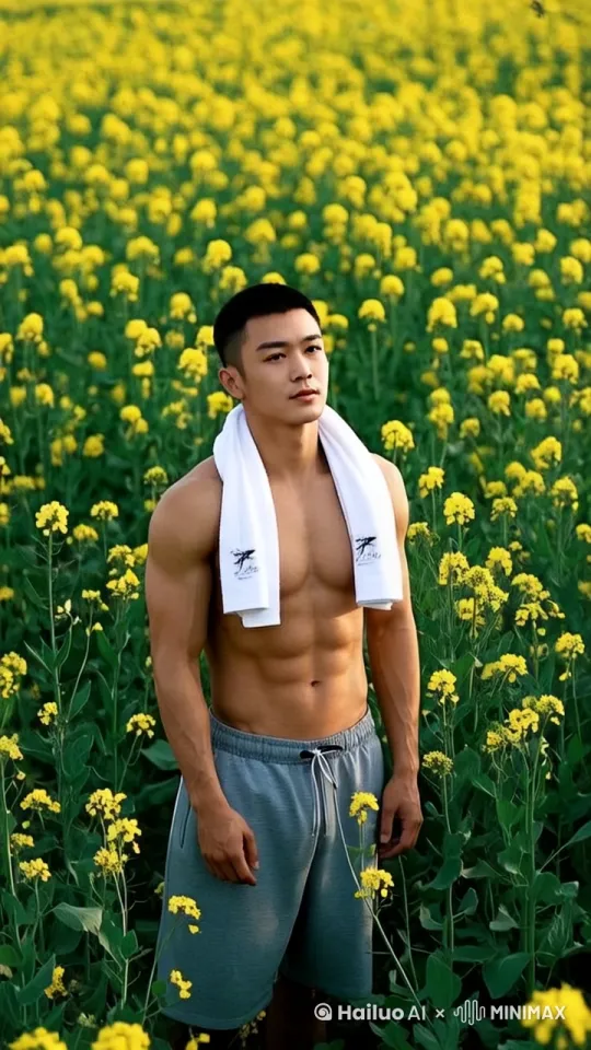一阵风吹来，主角脖子上的毛巾掉了下来，四周的油菜花飞舞起来[下降,上摇] by Hailuo AI Video Generator
