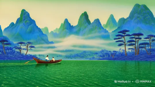"中国传统青绿山水画风格，灵感源自《千里江山图》。画面中心，一艘精致木舟于碧波荡漾的江面上轻盈穿梭，舟上艄公撑篙，姿态专注。江之两岸，群山连绵起伏，峰峦叠翠，云雾缭绕其间，增添几分神秘与幽远。山脚下，几株古松挺立，枝叶苍劲。画面采用全景构图，展现出辽阔壮丽的自然风光，色彩典雅，线条流畅，尽显宋代宫廷画院的细腻笔触与深远意境。" by Hailuo AI Video Generator