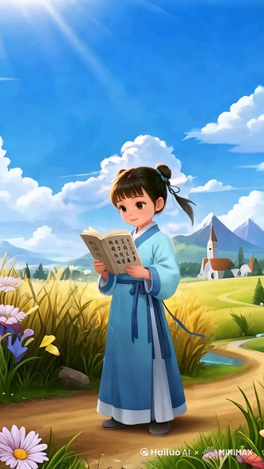 运镜由近及远，小女孩慢慢向前走，眼睛眨巴一下，风吹花草轻轻飘动， by Hailuo AI Video Generator