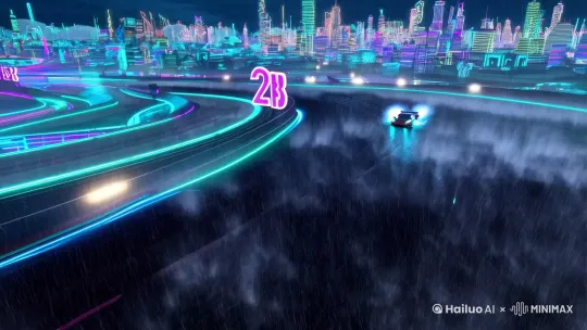 uturistic racing car drifting, neon cyberpunk city night, hyper-realistic 8K, cinematic lighting, dynamic camera angles, motion blur effects, glowing particle trails, holographic interface overlay, slow-motion tire smoke, electric arc sparks, rain reflections, synthwave color palette, ultra-detailed mechanical design, trending on artstation`

**分镜强化提示词：**  
1. 开场镜头：  
`aerial view of neon circuit track in rain, holographic countdown glowing through fog, cyberpunk metropolis background, unreal engine 5 render`  

2. 漂移特写：  
`close-up of car drifting at 45-degree angle, blue plasma sparks from tires, slow-motion spray of water droplets, cinematic Dutch angle shot`  

3. 科技特效：  
`car HUD displaying drifting score with floating data streams, laser beams cutting through rain, chromatic aberration effects, neon cyan and magenta color grading`

4. 变形卡点：  
`cars transforming into digital particles during collision, time-freeze explosion of crystalline shards, symmetrical mirror drifting composition` by Hailuo AI Video Generator