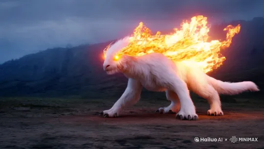 神话生物降落在地面上，它的眼睛和尾巴都燃烧着火焰,[右移,左摇,跟随]模型更精准点，毛发白色，火焰不需要太多. by Hailuo AI Video Generator