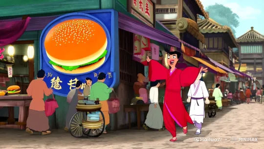 在陈塘关的集市上，新开了一家奇怪的铺子，招牌上画着一个被切成两半，夹着肉片、蔬菜的圆面包。

哪吒晃着混天绫，拉着敖丙就凑了过去：“敖丙，这玩意儿看着新奇，咱尝尝！”敖丙无奈地笑了笑，跟着哪吒走进铺子。

两人坐下后，老板很快端上两个汉堡。哪吒一把抓起汉堡，二话不说就咬了一大口，肉香、菜香和面包的麦香瞬间在口中散开。他眼睛一亮，含糊不清地说：“敖丙，你快尝尝，这可比我爹府里的饭菜有意思多了！”敖丙则优雅地拿起汉堡，轻轻咬了一小口，细细咀嚼，脸上露出惊讶的神色：“嗯，确实别有一番风味。”

就在这时，旁边的桌子突然传来一阵喧闹。原来是几个地痞在闹事，其中一个一把抢过旁人刚买的汉堡，还大笑着往地上扔。哪吒见状，顿时火冒三丈，蹭地站起身来，手中混天绫一抖：“你们几个坏蛋，光天化日之下竟敢欺负人，看小爷我不好好收拾你们！”

敖丙也站起身，稳稳站在哪吒身边，袖中的龙鳞隐隐浮现。地痞们看着怒气冲冲的哪吒和敖丙，心中一惧，扔下汉堡，灰溜溜地跑了。

赶走地痞后，哪吒捡起地上的汉堡，拍了拍上面的灰尘，对失主说：“别怕，有我和敖丙在，没人能欺负你！这个汉堡，我赔给你！”说完，他又拉着敖丙坐回原位，继续享受他们的美味汉堡。

两人一边吃，一边听老板讲述汉堡的来历。吃完后，哪吒心满意足地打了个饱嗝：“今天可真痛快，既吃了好吃的，还教训了坏蛋！敖丙，下次咱们还来！”敖丙微笑着点头：“好，下次再来尝尝别的新奇玩意儿。” by Hailuo AI Video Generator