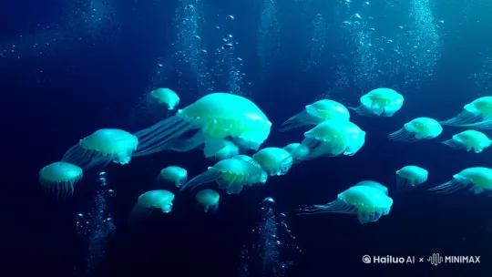 月光下的透明水母群在深海中缓慢游动，触须散发柔和蓝光，气泡如星辰般上升消散[右移,左摇,跟随] by Hailuo AI Video Generator