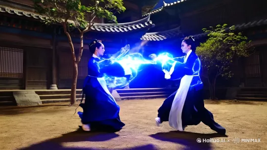 在一座古色古香的庭院中，两位身着华丽汉服的美女正激烈决斗。她们的衣袂飘飘，仿佛穿越了时空的战场。[跟随,晃动]她们的拳头上闪烁着蓝色的能量脉冲，每一次出拳都伴随着强烈的气流震荡，仿佛连空气都被击碎。光影在她们的动作间交错，形成了一道道绚丽的光带，宛如流星划过夜空，四周的建筑被能量脉冲震碎，庭院的泥土被掀起，空气中弥漫烟尘与泥土，庭院中的古树与花草在能量波动中损坏，整个庭院变成一片废墟 by Hailuo AI Video Generator
