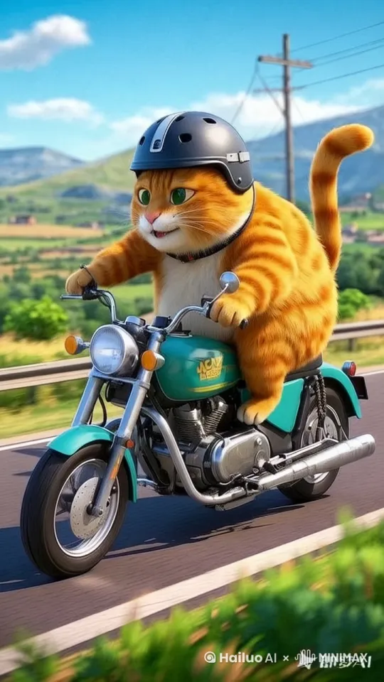 胖橘猫骑摩托在公路上，飞机从头顶上飞过，小白兔在后面开着汽车 by Hailuo AI Video Generator