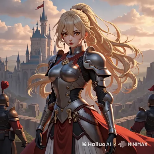 镜头缓缓向后拉远，女战士转身面对城堡 by Hailuo AI Video Generator
