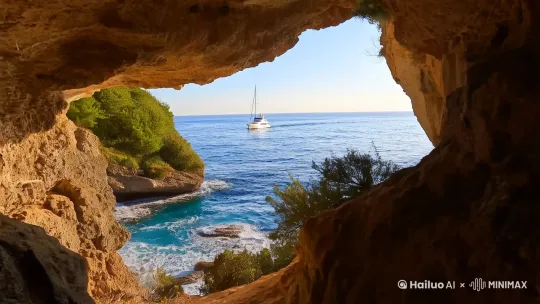 镜头缓慢推进，画面逐渐靠近山洞外的海岸线。海浪，海风，前行的游艇，高清4k，风光摄影。 by Hailuo AI Video Generator
