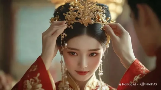 固定镜头，特写，娇羞，手拨弄发钗 by Hailuo AI Video Generator