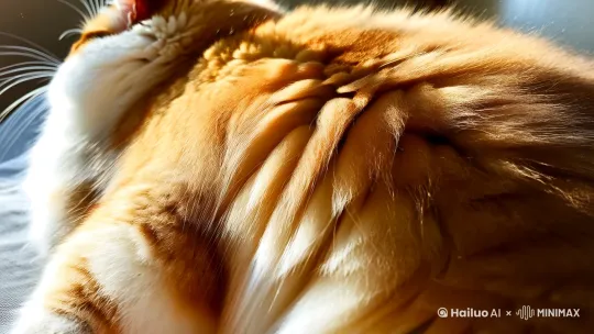主体与视角
第一视角镜头，画面中心呈现一只毛茸茸的猫，猫的头部和背部占据画面70%以上[2]()[6]()
→ 强调视角代入感和画面比例，突出触觉主体。

毛发细节强化
猫的毛发蓬松柔软，呈现细腻的绒毛纹理，阳光下泛金色光泽，部分毛发因抚摸动作轻微翘起[1]()[4]()
→ 参考1 对“云朵般毛发”的比喻，结合4 对毛茸茸画面的技术表现。

二、触觉与动态增强（交互真实感）
手部动作与触感
画面下方伸出一只人类的手，指尖微微陷入猫的毛发中，手部动作轻柔，掌心贴合猫背弧度[6]()[2]()
→ 通过“指尖陷入毛发”等细节强化触觉联想。

动态效果补充
部分被触碰的毛发呈现自然颤动，伴随细微的漂浮绒毛粒子效果[2]()[4]()
→ 参考2 中“动态运镜”逻辑，增加画面生动性。 by Hailuo AI Video Generator