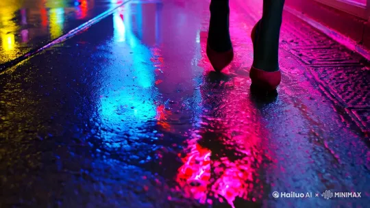 【镜头1:3秒】  
仰拍视角，霓虹闪烁的雨夜街道倒影中，一双12cm细高跟踩破水洼，暗红色鞋尖折射着"Bar 11"灯牌蓝紫光影，黑色丝袜包裹的修长腿部线条从右下角对角线延伸至画面外。

【镜头2:3秒】  
中景跟拍，透明红酒杯沿残留唇印的特写，酒液晃动着霓虹光斑。镜头后拉展现黑色包臀裙摆随步伐摆动的0.8倍速慢动作，背景虚化的便利店自动门叮咚开启。
注意不能有变形 不合理的因素 亮度可以亮一点

【镜头3:4秒】  
低角度广角镜头，人物倚靠天台栏杆的剪影。左前景霓虹招牌"23:00"红光流过发丝，右手举杯啜饮时，高跟鞋尖轻轻点地，远处城市天际线流动着电车光轨。

✦ 关键元素强化：  
1. 色彩：蓝紫主调+暗红撞色  
2. 光影：潮湿路面反光/霓虹灯管频闪  
3. 音效设计：高跟鞋敲击地砖混响+红酒冰块叮咚+电子迷幻音乐渐强

（建议使用24帧拍摄，搭配烟雾机制造光晕效果，人物妆容重点强化金属感眼影与酒红甲油）  [推出,上升,下摇] by Hailuo AI Video Generator