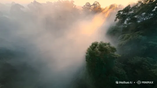[全景俯拍]乳白色晨雾在林间流动，第一缕阳光刺破云层  
**旁白**："当冰裂声惊醒沉睡的泥土 by Hailuo AI Video Generator