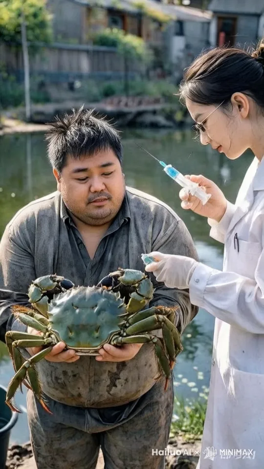 女人举起针要给螃蟹打针，螃蟹疯狂挣扎，女人一不小心将针扎在了男人身上，男人疼的跳了起来，螃蟹顺势将大钳子夹住男人的鼻子，男人疼的嗷嗷直叫，镜头移动，动态跟随 by Hailuo AI Video Generator