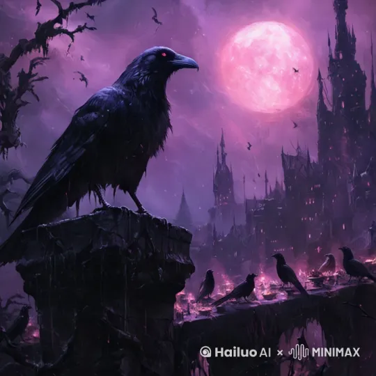 一只大乌鸦展翅飞向天空，周围的乌鸦跟着它一起飞 by Hailuo AI Video Generator