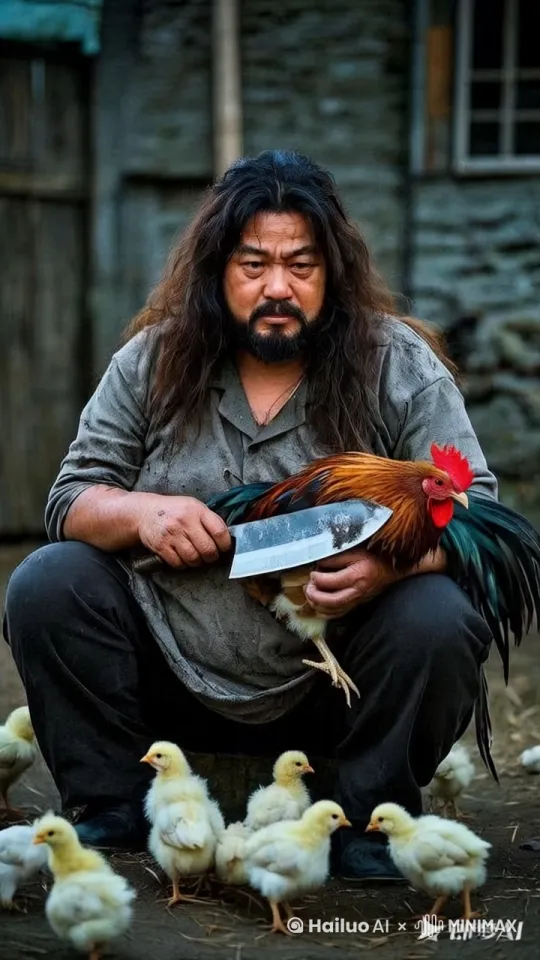 镜头移动，动态跟随，男人举起刀，眼睛紧紧盯着大公鸡，似乎要将大公鸡杀掉，大公鸡疯狂挣扎，嘴巴叨在男人的胳膊上，男人疼的撒开手，到掉在地上，大公鸡飞到男人头上拉了泡屎，然后抬头打了个鸣。地上的小鸡，拍着翅膀，跳起来，嘴巴啄在男人的大腿上。男人躺在地上，疯狂打滚。 by Hailuo AI Video Generator