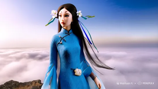 角色核心描述：
【新国风少女】东方骨相美人，柳叶眉含远山雾气，丹凤眼流转千年文脉，发髻斜插白玉兰簪
【动态意境】45度侧身凝望云海，青丝与发带在晨风中交织飘动，裙裾扬起水墨般的弧线

服装细节：
-【新中式战袍】雾霾蓝真丝提花旗袍改良款，立领盘扣镶嵌青花瓷片，袖口渐变扎染工艺
-【文化叠穿】外罩半透明天青色竹纹纱衣，腰间悬垂甲骨文玉佩禁步，腕间缠着古法香云纱披帛

道具叙事：
-【右手】榫卯结构油纸伞，伞面手绘《千里江山图》截卷，伞骨末端垂落青铜铃铛
-【左手】线装《诗经》泛黄书页自动翻动，悬浮金色小楷字符环绕手腕形成光链

场景构建：
-【虚实之境】站在琉璃瓦屋檐与数字像素山的交界处，脚下青石板路蔓延成书法长卷
-【超现实元素】雨滴悬浮构成甲骨文字幕，AI生成的敦煌飞天缎带在背景流动交织 by Hailuo AI Video Generator