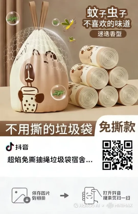 终于出这种免撕的垃圾袋了，不像以前这种老款的，一不小心滚一地不说，还动不动就撕破，真的好烦啊。你看他这个像抽纸一样，用一张抽一张就非常方便，而且打开就有淡淡的清香味，断点清晰，质量也是嘎嘎好。 不管我怎么拉扯，依旧结实耐用，厨房的汤汤水水随便倒，一点也不怕漏。消耗品趁价格合适赶紧多囤点。 by Hailuo AI Video Generator