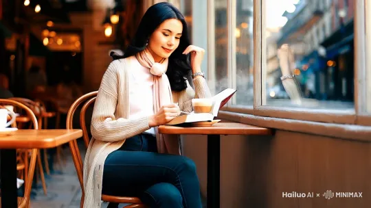 午后的阳光慵懒地洒在街边的咖啡店内，一位知性美女正坐在靠窗的位置。她身着一件浅米色针织开衫，内搭白色修身衬衫，下装是一条深蓝色直筒牛仔裤，将她修长的双腿线条完美勾勒。颈间一条浅粉色的薄款围巾随意地绕着，为整体造型增添了几分柔和。
她的黑长直发顺滑地披在肩头，发尾轻轻内卷，随着她的动作微微摆动。白皙的脸庞上，一双清澈明亮的眼睛专注地看着手中翻开的精装书籍，时不时用纤细的手指轻轻捋一下耳边的发丝。小巧的珍珠耳钉在阳光下闪烁着温润的光泽，与她温婉的气质相得益彰。
桌上放着一杯还冒着热气的拿铁，咖啡的香气在空气中弥漫。偶尔，她会端起杯子轻抿一口，手腕上的银色细表带手表随之露出，简约而精致。周围的喧嚣似乎与她无关，她沉浸在自己的世界里，享受着这片刻的宁静与惬意，散发着独有的知性魅力 。 by Hailuo AI Video Generator
