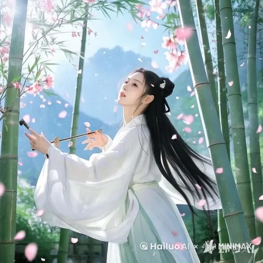 视频制作方案：竹林桃花中的国风舞蹈
1. 场景描述
背景：竹林与桃花相映，营造出古典诗意氛围。

人物：一位身穿白色汉服的长发女子，在竹林桃花间翩翩起舞。

氛围：优雅、宁静，带有古典国风美感。

2. 分镜头设计
镜头1（远景）：

画面：竹林与桃花交相辉映，微风拂过，花瓣飘落。

音乐：轻柔的古筝或笛子背景音。

镜头2（中景）：

画面：白衣女子从竹林深处缓缓走出，长发随风飘动。

音乐：加入轻柔的鼓点或琴声。

镜头3（近景）：

画面：女子开始起舞，动作优雅，衣袖随风飘动。

音乐：舞蹈节奏与音乐同步，逐渐增强。

镜头4（特写）：

画面：女子的面部特写，眼神温柔，背景是飘落的桃花。

音乐：音乐达到高潮，情感充沛。

镜头5（全景）：

画面：女子在竹林桃花间旋转，花瓣围绕她飞舞。

音乐：音乐渐弱，画面缓缓淡出。 by Hailuo AI Video Generator