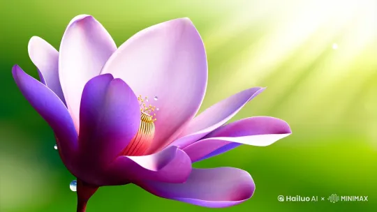 1. **第一张图片**：画面中央是一株盛开的木兰花，花瓣呈现出淡淡的紫色和粉色，阳光透过花瓣，显得格外娇艳。背景是一片朦胧的绿色，象征着春天的气息。花瓣上还挂着几滴晶莹的露珠，增添了一丝清新的感觉。

2. **第二张图片**：画面中是一位古代女子，身着素雅的衣裙，手持一朵木兰花，站在一片花海中。女子的面容清秀，神情温柔，仿佛与周围的木兰花融为一体。背景是远处的山峦和蓝天，营造出一种宁静而诗意的氛围。

3. **第三张图片**：画面中是一幅水墨画风格的木兰花，花瓣用淡墨勾勒，细腻而富有层次感。画面的一角题有白居易的诗句“紫房日照胭脂拆，素艳风吹腻粉开”，字体飘逸，与木兰花相得益彰。整体画面简洁而富有古典韵味。 by Hailuo AI Video Generator