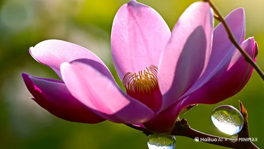 1. **第一张图片**：画面中央是一株盛开的木兰花，花瓣呈现出淡淡的紫色和粉色，阳光透过花瓣，显得格外娇艳。背景是一片朦胧的绿色，象征着春天的气息。花瓣上还挂着几滴晶莹的露珠，增添了一丝清新的感觉。

2. **第二张图片**：画面中是一位古代女子，身着素雅的衣裙，手持一朵木兰花，站在一片花海中。女子的面容清秀，神情温柔，仿佛与周围的木兰花融为一体。背景是远处的山峦和蓝天，营造出一种宁静而诗意的氛围。

3. **第三张图片**：画面中是一幅水墨画风格的木兰花，花瓣用淡墨勾勒，细腻而富有层次感。画面的一角题有白居易的诗句“紫房日照胭脂拆，素艳风吹腻粉开”，字体飘逸，与木兰花相得益彰。整体画面简洁而富有古典韵味。 by Hailuo AI Video Generator