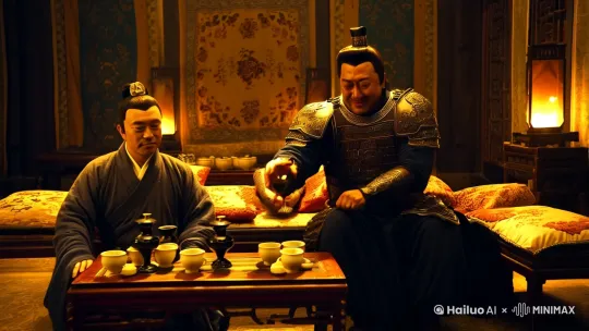 据野史记载：王允为除董卓使用美人计，邀请吕布在家中饮酒，谈话之间，王允说到关羽温酒斩华雄，关羽骁勇善战手持青龙偃月刀乃当世之虎将也，吕布笑 道：关羽不值一提，我方天画戟长一丈二，戟把都有一丈长。此时正好被窗外的貂蝉听见，这才嫁给了吕布。 by Hailuo AI Video Generator
