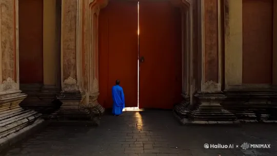 - 画面：古寺大门缓缓打开，一位身着青蓝色僧衣的僧人站在门口，地面是古朴的石板路，镜头从寺庙全景慢慢拉近到僧人背影。
 
- 提示词：[古寺大门敞开，阳光洒入，青蓝僧衣僧人背影立于门前]，[石板路延伸向远方，两侧有古老的石狮子]，[整体光线柔和，凸显寺庙的宁静与神秘]比例9：16 by Hailuo AI Video Generator