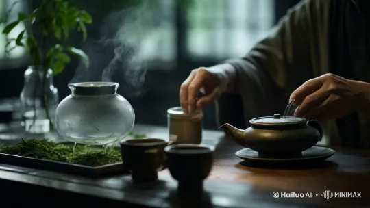 [变焦拉远]一双手拿起茶壶盖子，雾气在空气中上升飘荡，花瓶里面的叶子被风吹动，光影在桌面变动 by Hailuo AI Video Generator
