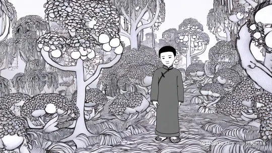一个9岁的男孩像国王一样视察着他的奇幻森林，这片森林长着各种人类没见过的奇异的果树和可食用的植物。每一颗果树形状奇特，都垂挂在伸手可得的地方，打开一个口子就可以剥开吃，或者直接倒果汁喝。所有可食用的植物一到夜晚都会发光，人吃进去都会增加能量，获得光明的心性。要求视频画面为碳笔素描风格。要求植物形态为山海经风格。 by Hailuo AI Video Generator
