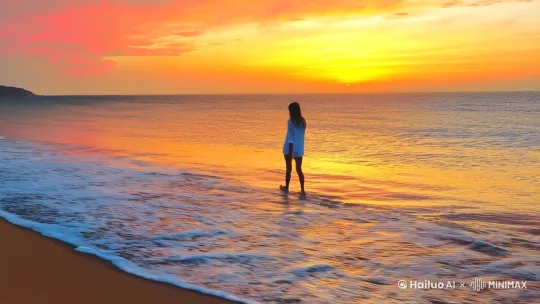 一个年轻貌美的女性！在夕阳下！在海边散步 by Hailuo AI Video Generator