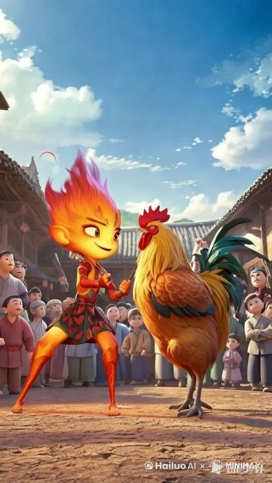 魔童2里面的哪吒和一只大公鸡，大公鸡和魔童哪吒儿面对面站着，似乎要打起来，背景在农社院周围有围观人群
动态跟随，史诗般的激烈打斗场面，哪吒和鸡缠斗在一起，鸡张开翅膀腾空而起飞到空中用鸡脚连续快速猛踢对面哪吒， by Hailuo AI Video Generator