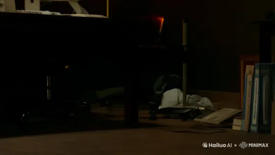 镜头从一片昏暗环境的低机位地面镜头开始，缓缓前推并上升，随着镜头的上升，画面中出现一张电脑桌，镜头继续上升，拍摄到电脑桌之后昏暗的环境里坐着一个正对镜头的人，这个人的面部被八连臭火笼罩着，嘴里大喊着压力，突然这个人变成了一头猪跑了出去 by Hailuo AI Video Generator