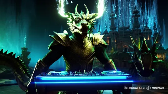 [时空参数]
2025 cinematic universe::1.3, cyber-neo-dragoncore::1.5, 
metaverse-club::1.1

[角色建模]
龙王敖光: {
  topology: 电影原版高模数据+subsurface_scattering,
  materials: {
    鳞片: cold_glow_scale(hex=#1CAC78)@BPM130, 
    战甲: dark_gold_armor(metallic=0.85, roughness=0.25),
    龙角: plasma_arc(2300K)+thunder_trail
  },
  rigging: 机械龙尾(motion_range=120°)*soundwave_react
}

[场景架构]
hybrid_space: {
  foreground: holographic_dj_console(neon_cyan::#00FFFF), 
  midground: ink_wave_particles(speed=0.7x)+laser_grid, 
  background: 海底龙宫_hologram(opacity=0.6)+datastream_waterfall
}

[动态系统]
energy_flow: {
  audio_react: {
    BPM_sync: 龙鳞色相偏移(interval=0.46s), 
    bass_drop: 水墨爆炸(scale=2.3)
  },
  gaze_system: 怒目表情触发chain_lightning(volumetric=true)
}

[渲染参数]
resolution: 8K_IMAX, 
frame_style: 电影级动态模糊(motion_vectors=0.3)+cel_shading_2.0, 
color_profile: 潘通19-3920TCX(cmyk=85,45,0,0)+neon_boost, 
temporal_coherence: 0.92 by Hailuo AI Video Generator